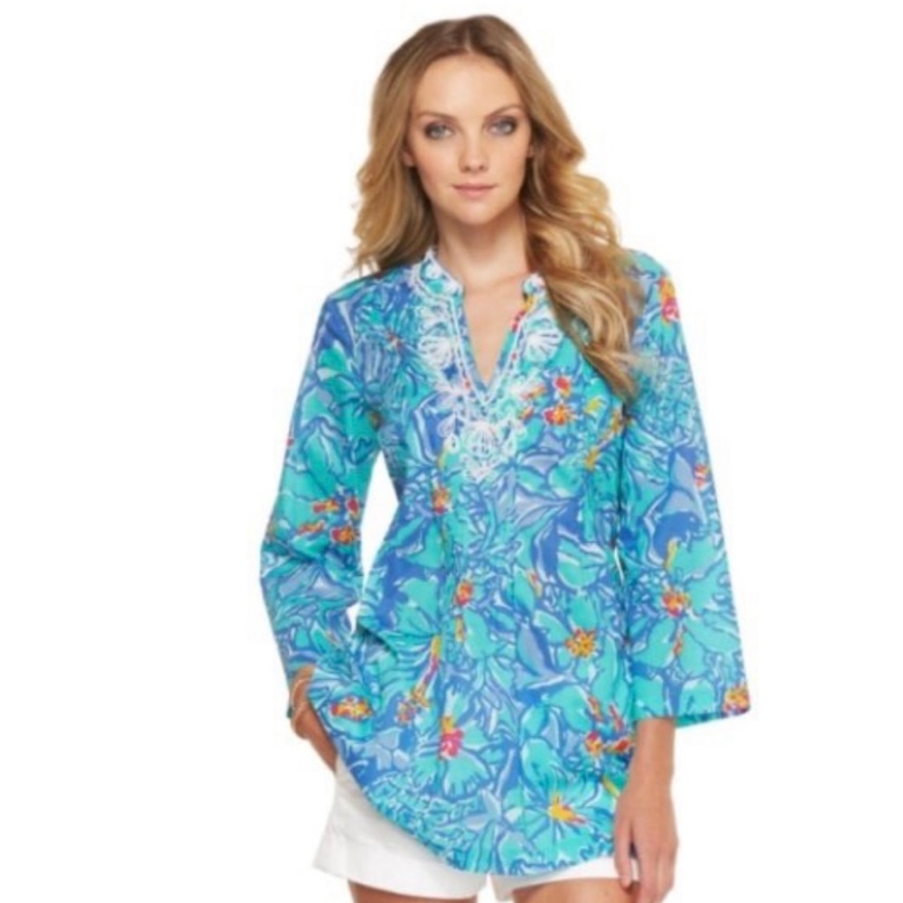 LILLY PULITZER Sarasota Iris Blue Mai Tai Print  Boho Tunic Top  Small